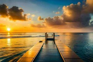 a dock leading to the ocean at sunset. AI-Generated photo
