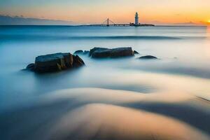 a long exposure photograph of a lighthouse in the ocean. AI-Generated photo