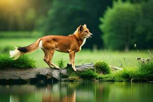 a dog standing on a log by a lake. AI-Generated photo