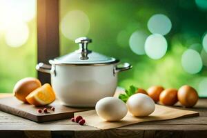 eggs, a pot and a pan on a table. AI-Generated photo