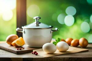 eggs, a pot and a pan on a table. AI-Generated photo