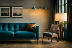 un azul sofá en un vivo habitación con un lámpara y un silla. generado por ai foto