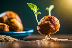 un planta brotante desde un un pan rollo. generado por ai foto