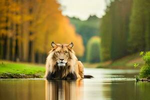 a lion sitting in the water near a forest. AI-Generated photo