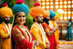 a bride in a colorful turban with her bridesmaids. AI-Generated photo