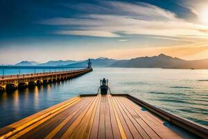 a boat dock at sunset with mountains in the background. AI-Generated photo