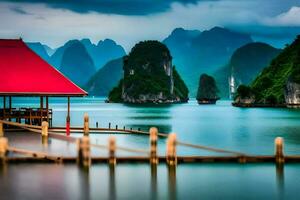 a red roofed hut sits on the water in front of mountains. AI-Generated photo