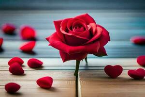 un soltero rojo Rosa en un de madera mesa rodeado por rojo corazones. generado por ai foto