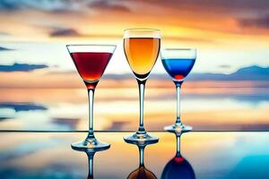 three glasses of wine on a table with a sunset in the background. AI-Generated photo