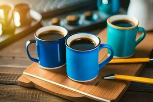 two coffee mugs on a wooden table. AI-Generated photo