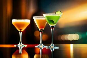three different types of cocktails on a table. AI-Generated photo