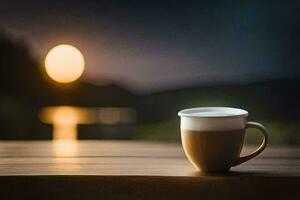 un café taza se sienta en un de madera mesa en frente de un lleno Luna. generado por ai foto