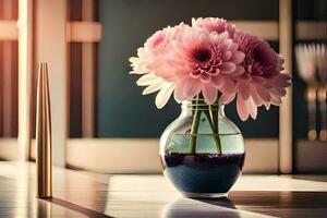 rosado flores en un florero en un mesa. generado por ai foto