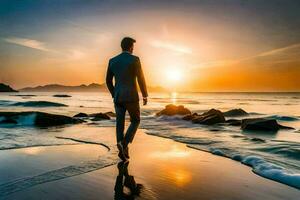 a man in a suit walks on the beach at sunset. AI-Generated photo