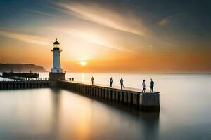 personas en pie en el muelle a puesta de sol con un faro en el antecedentes. generado por ai foto