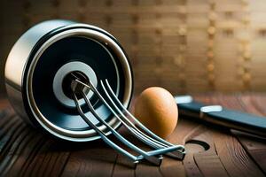 an egg and knife on a table. AI-Generated photo