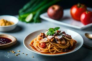 spaghetti with meat and tomato sauce on a plate. AI-Generated photo