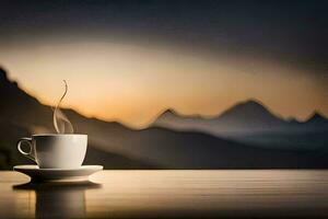 a cup of coffee on a table with mountains in the background. AI-Generated photo