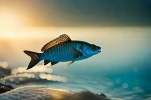 un pescado es volador terminado el agua a puesta de sol. generado por ai foto