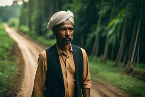 un hombre en un turbante en pie en un suciedad la carretera. generado por ai foto