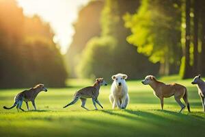 un grupo de animales son caminando en el césped. generado por ai foto