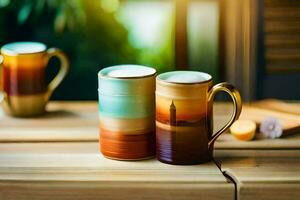 two mugs sitting on a table with a view of the ocean. AI-Generated photo