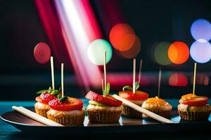 miniatura aperitivos en un negro plato con palillos de dientes generado por ai foto