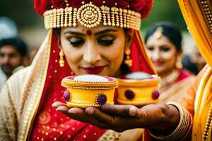 un novia y novio en tradicional indio atuendo. generado por ai foto