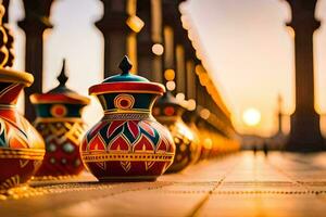 colorful vases lined up on a walkway. AI-Generated photo