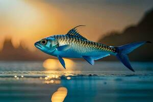 un pescado es nadando en el agua a puesta de sol. generado por ai foto