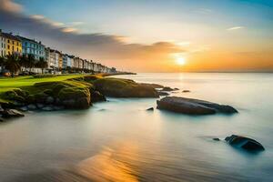 the sun sets over a beach and buildings. AI-Generated photo