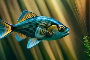 a blue and yellow fish swimming in an aquarium. AI-Generated photo