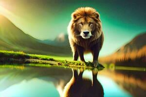 a lion standing on the edge of a lake. AI-Generated photo