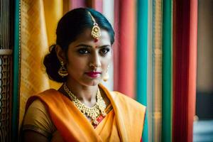 a beautiful indian bride in a bright orange sari. AI-Generated photo