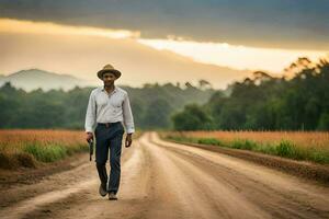 un hombre en un sombrero camina abajo un suciedad la carretera. generado por ai foto