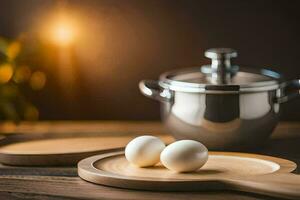 two eggs on a wooden cutting board with a pot. AI-Generated photo