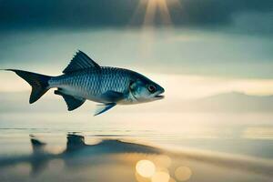 un pescado es saltando fuera de el agua a puesta de sol. generado por ai foto