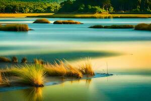 a river with grass and trees in the foreground. AI-Generated photo