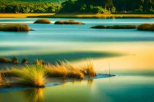 un río con césped y arboles en el primer plano. generado por ai foto