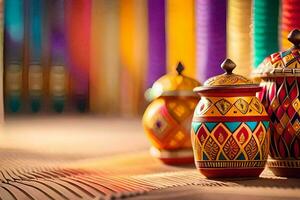 colorful decorative pots and candles on a table. AI-Generated photo