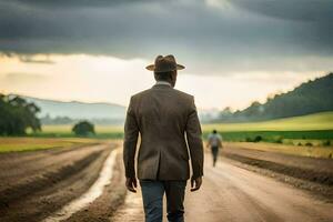 un hombre en un traje y sombrero caminando abajo un suciedad la carretera. generado por ai foto