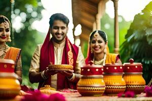 a couple in traditional indian attire are holding bowls. AI-Generated photo