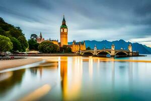 the clock tower of big ben and the bridge over the river. AI-Generated photo