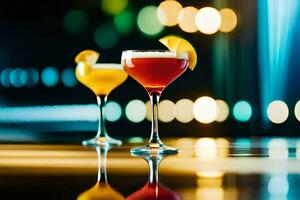 two cocktails sit on a table in front of a bright light. AI-Generated photo