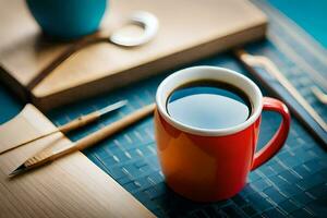 a cup of coffee and a pen on a wooden table. AI-Generated photo