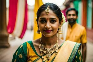 a woman in a traditional sari poses for a photo. AI-Generated photo