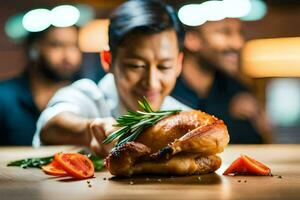 a chef is preparing a roasted chicken. AI-Generated photo