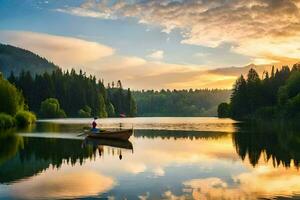 photo wallpaper the sky, lake, forest, boat, sunset, boat, lake, forest,. AI-Generated