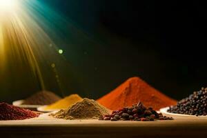 various spices and spices on a wooden table. AI-Generated photo