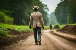 un hombre en un traje y sombrero caminando abajo un suciedad la carretera. generado por ai foto